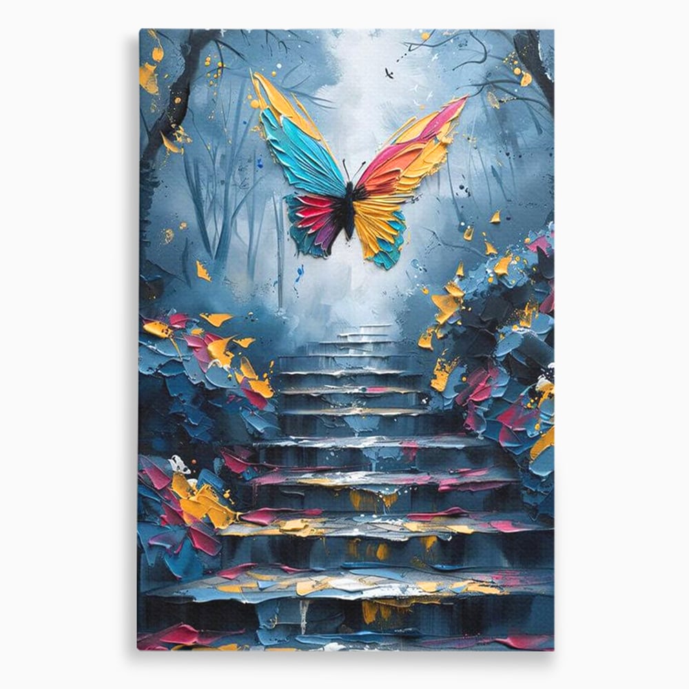 Tablou canvas cu tablou canvas cu fluture multicolor si scari, fara rama, pe sasiu de lemn
